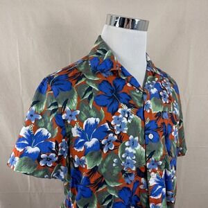 J. Crew Medium Flex Hawaiian Shirt Orange Floral Hibiscus Short Sleeve Mens